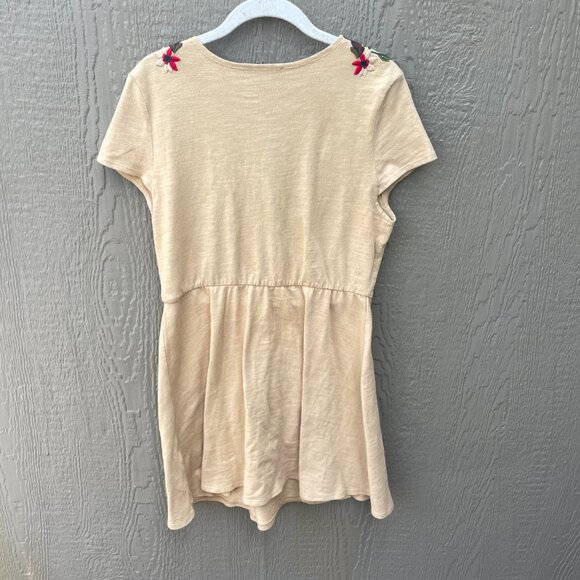 Zara Knit Dress Size M Embroidered Tan Red Floral Faux Wrap Mini Jersey Stretch - Picture 2 of 5